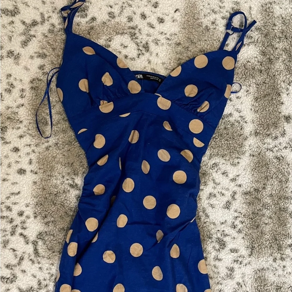 Zara polka dot linen midi dress - Picture 2 of 5